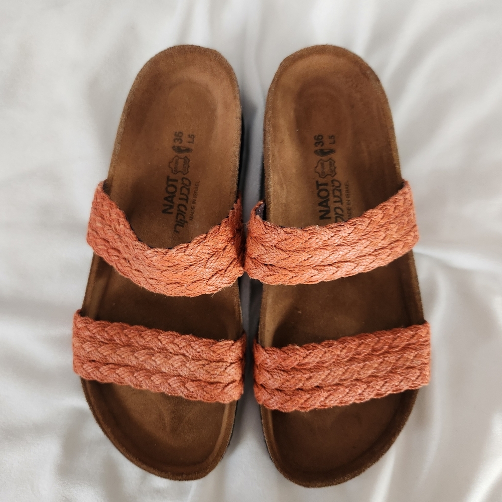 Naot womens size 36 5 5.5 leather mandarin linen braid slip on footbed sandals - Picture 2 of 7